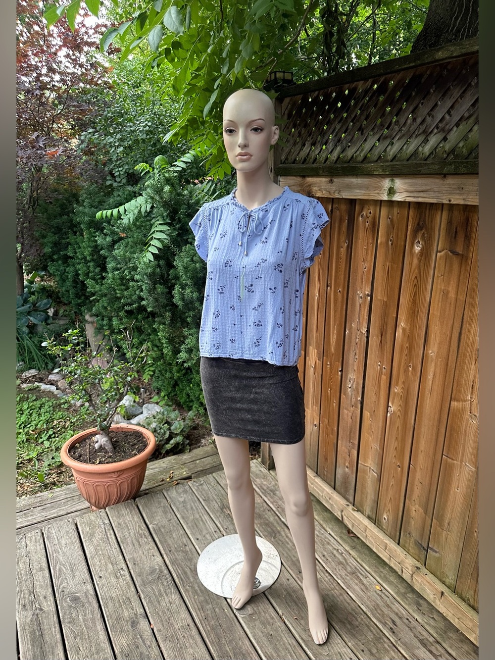 Light Cornflower Blue Floral Tie-Front Blouse
